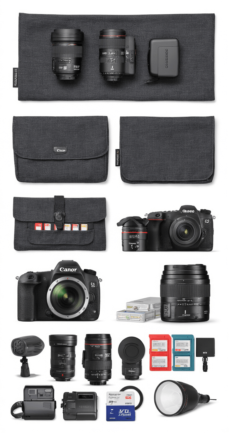 What I Wish I'd Known About Wedding Photographer Costs Before Booking Mine A flat-lay image of a wedding photographer's gear on a dark charcoal backdrop, featuring multiple camera bodies with L-series lenses, color-coded memory card wallets, and backup battery systems, illuminated by soft dramatic shadows, showcasing technical expertise and readiness for a mid-Atlantic wedding.