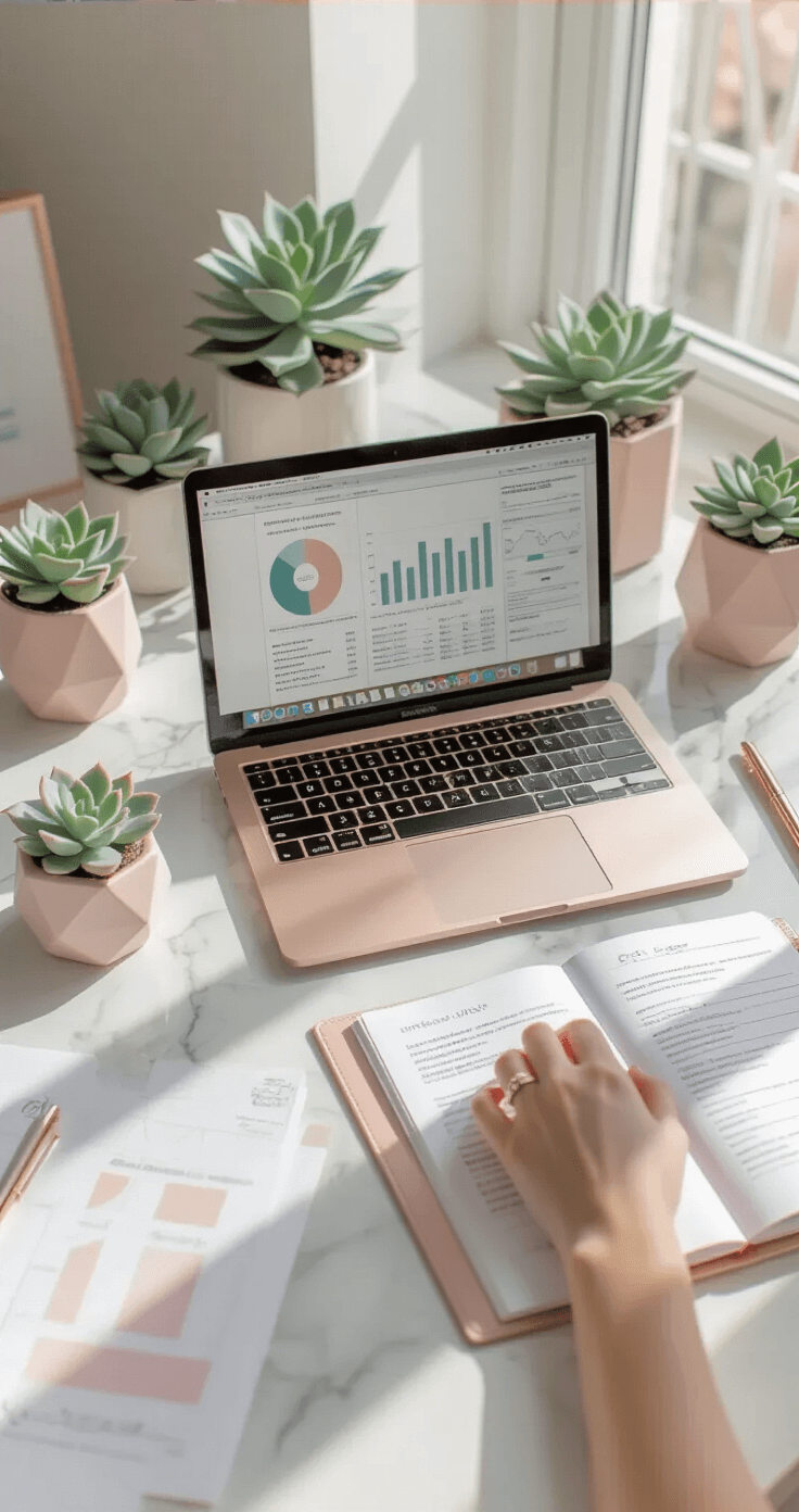 How Much Does a Wedding Really Cost? Let Me Break Down the Numbers That Matter Elegant millennial home workspace for wedding financial planning featuring a sleek white marble desk, rose gold MacBook Pro with a digital budget tracker, pastel spreadsheets, minimalist decor, succulent plants in geometric planters, and a designer wedding planning binder, captured from an angled overhead perspective.
