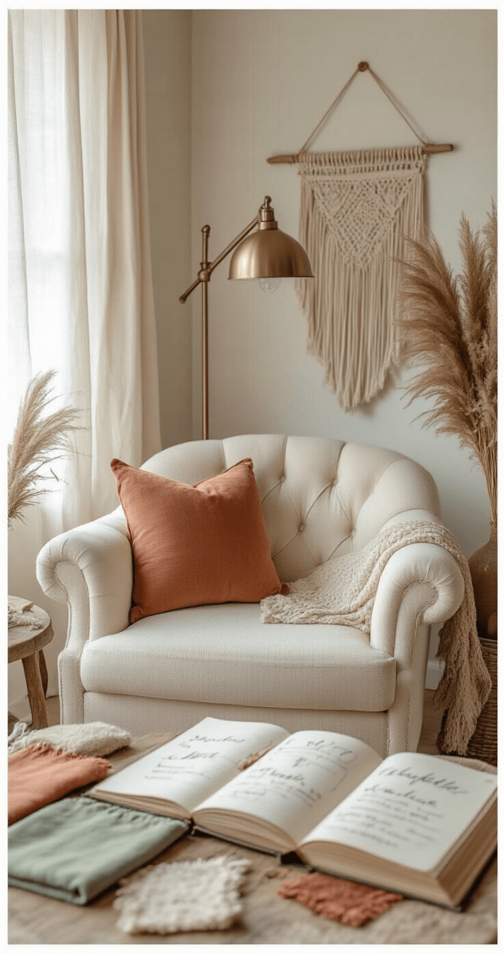 How Much Does a Wedding Really Cost? Let Me Break Down the Numbers That Matter Cozy wedding planning corner featuring a cream bouclé armchair, vintage brass lamp, open budget book with handwritten notes, fabric swatch samples in sage green and terracotta, macramé wall hanging, and potted dried pampas grass, all illuminated by soft morning light filtering through linen curtains.