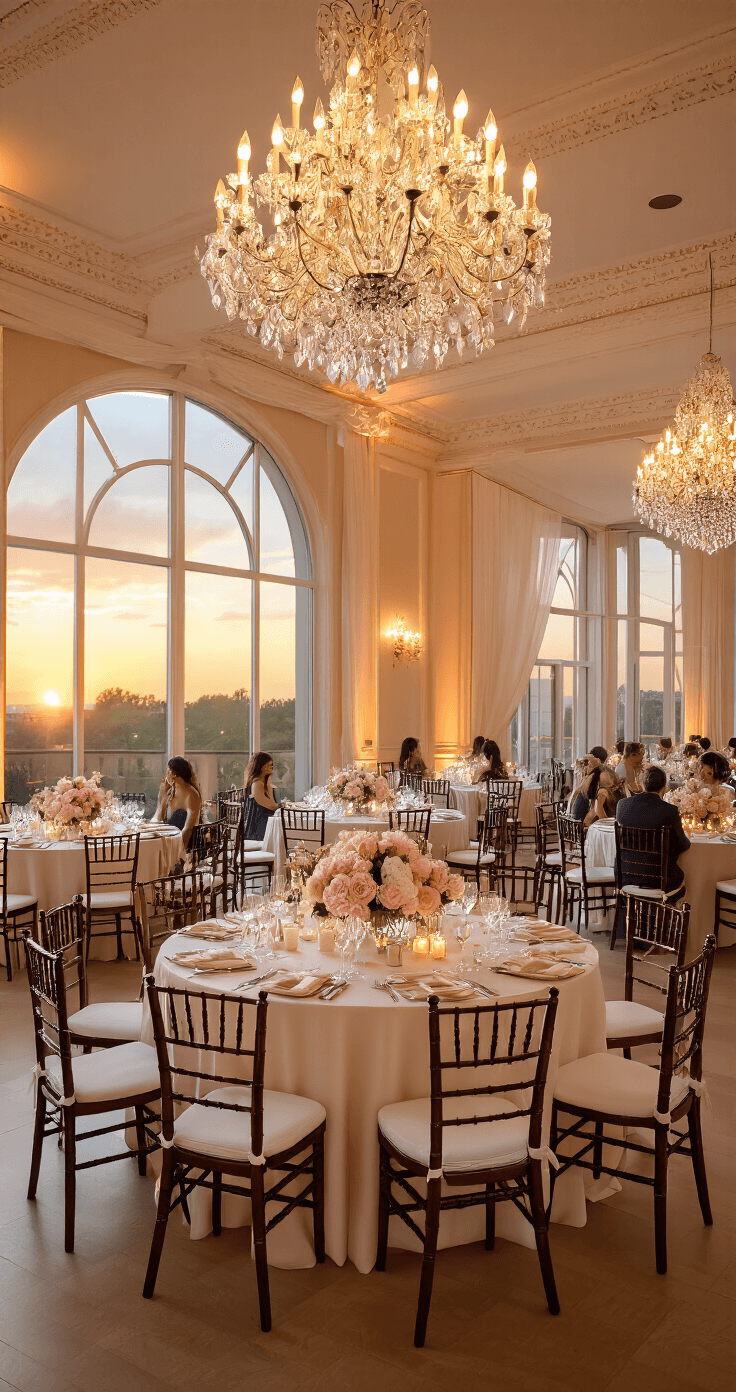 So You Want to Marry People? Here's How to Become a Wedding Officiant Ultra-detailed wedding reception interior showcasing an expansive ballroom with warm ambient lighting, crystal chandeliers, ivory tablecloths with blush pink floral centerpieces, champagne-colored walls, large windows revealing a golden sunset, guests at round tables with mahogany chiavari chairs, and soft candlelight creating a romantic atmosphere.