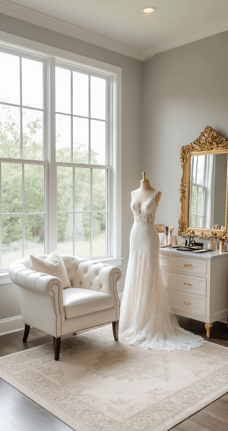So You Want to Marry People? Here's How to Become a Wedding Officiant Intimate wedding preparation suite featuring soft natural light, dove gray walls, plush white leather armchair, vintage gold-framed mirror, bridal makeup station, delicate lace wedding gown on a mannequin, scattered rose gold accessories, and a cream area rug, all creating an atmosphere of emotional anticipation.
