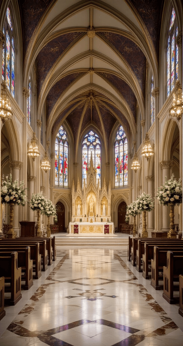 So You Want to Marry People? Here's How to Become a Wedding Officiant An elegant church wedding altar scene featuring soaring cathedral ceilings and stained glass windows, bathed in multicolored light. The ornate marble floor is complemented by dramatic white floral arrangements and antique gold candelabras, all within a rich burgundy and cream color palette. Soft focus lighting enhances the ethereal atmosphere, while wooden pews adorned with delicate floral arrangements reflect the architectural grandeur captured in a high-angle shot.