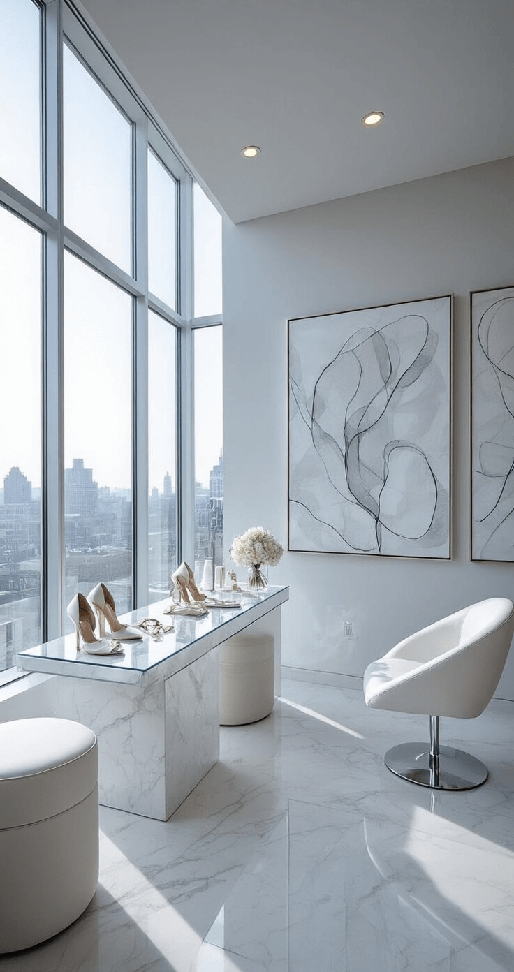 So You Want to Marry People? Here's How to Become a Wedding Officiant A modern minimalist wedding preparation room featuring floor-to-ceiling windows, white marble surfaces, sleek furniture, and a soft gray color palette, decorated with abstract art and designer lighting, showcasing carefully arranged bridal accessories in the serene early morning blue light.