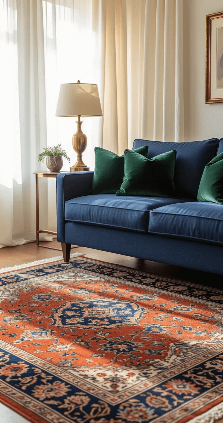 How I Learned to Transform Spaces Without Breaking the Bank (And You Can Too) Ultra-detailed interior scene of a cozy living room featuring a vintage Persian-style rug in rich terracotta and indigo tones, a navy blue linen sofa with emerald green velvet throw pillows, and a brass table lamp, all illuminated by soft natural light filtering through sheer ivory curtains. The image is captured from a slightly elevated angle, highlighting depth, layered textures, and warm shadows.