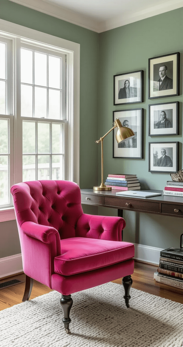 How I Learned to Transform Spaces Without Breaking the Bank (And You Can Too) A stylish home office featuring a hot pink velvet accent chair against a dusty sage green wall, adorned with a gallery wall of vintage black and white family photographs in mismatched frames, a modern brass desk lamp, and floating shelves displaying books with outward-facing covers, illuminated by morning light from a large window, all set on hardwood floors partially covered by a textured neutral area rug.