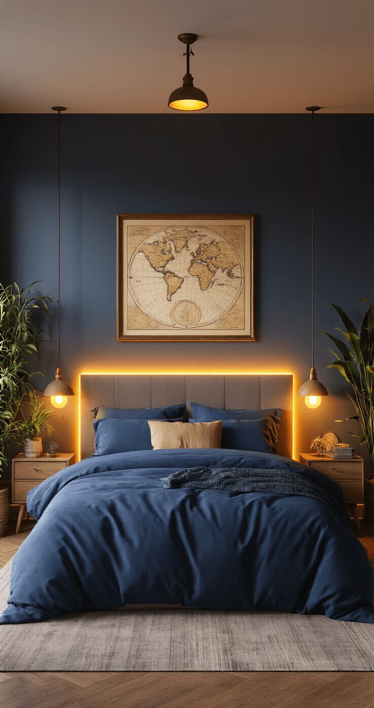 How I Learned to Transform Spaces Without Breaking the Bank (And You Can Too) Intimate bedroom interior featuring layered lighting, including warm LED strip lights and a bedside reading lamp, a navy bedspread, vintage map artwork, and various plants, all bathed in soft golden hour light.