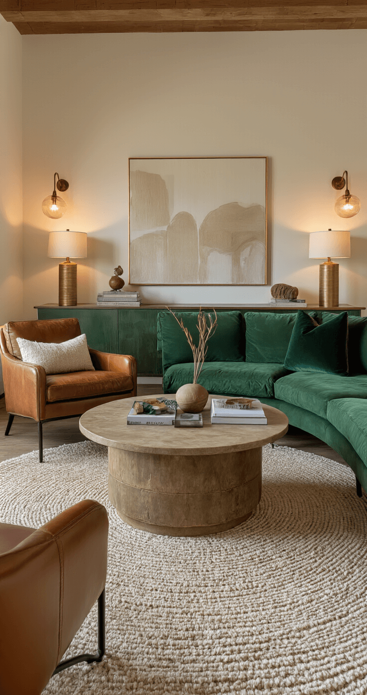 How I Learned to Transform Spaces Without Breaking the Bank (And You Can Too) Moody living room with unconventional furniture arrangement, featuring seating angled away from walls and a round coffee table at the center. The space showcases a deep emerald green and warm gold color palette, with multiple lighting sources like wall sconces and table lamps. A smooth leather chair contrasts with a nubby wool throw, captured in professional interior photography style from a lower perspective to emphasize spatial relationships.
