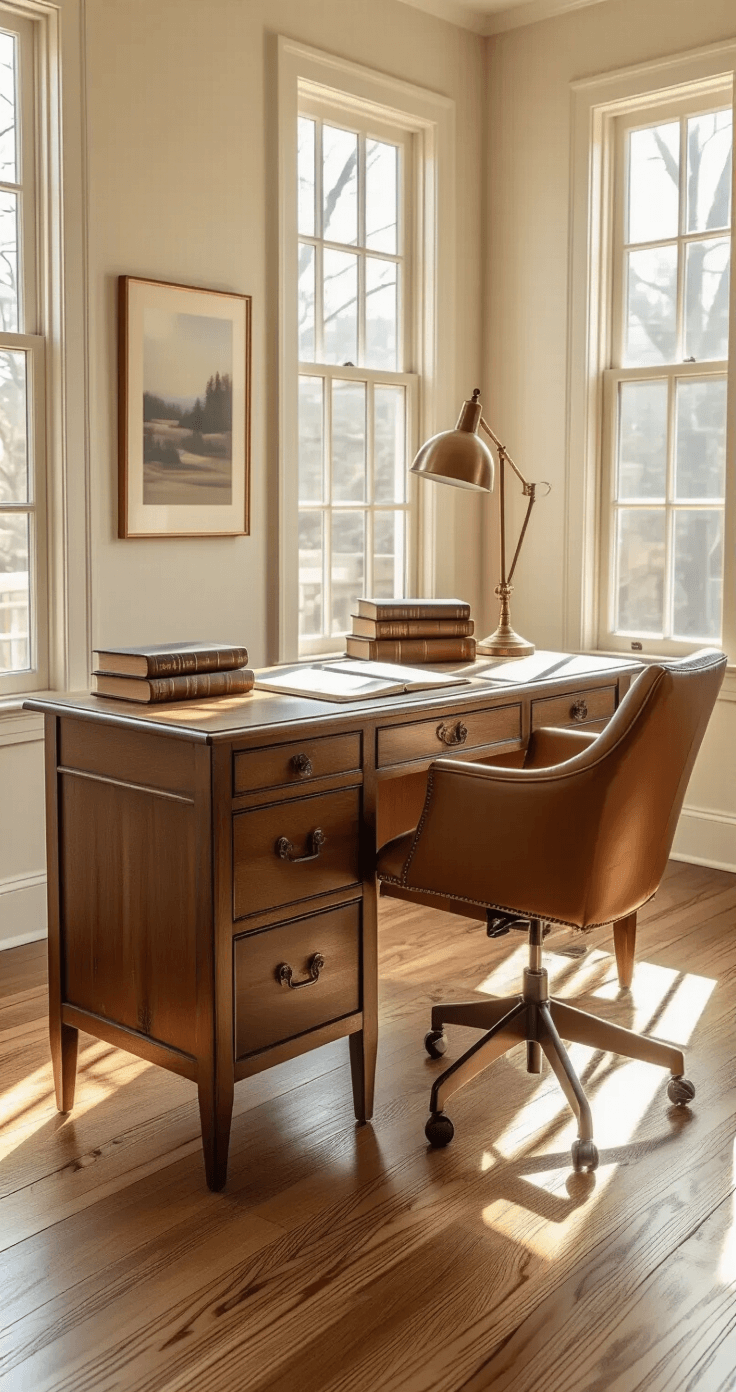 How I Became Ordained Online (And You Can Too - In Under an Hour) A cinematic interior of a home office featuring a vintage wooden desk with ordination certificates and a leather-bound ministry training book. Natural light streams through large windows, illuminating the oak hardwood floors and soft beige walls. An elegant brass desk lamp and a mid-century modern chair with tan leather upholstery complete the professional workspace.