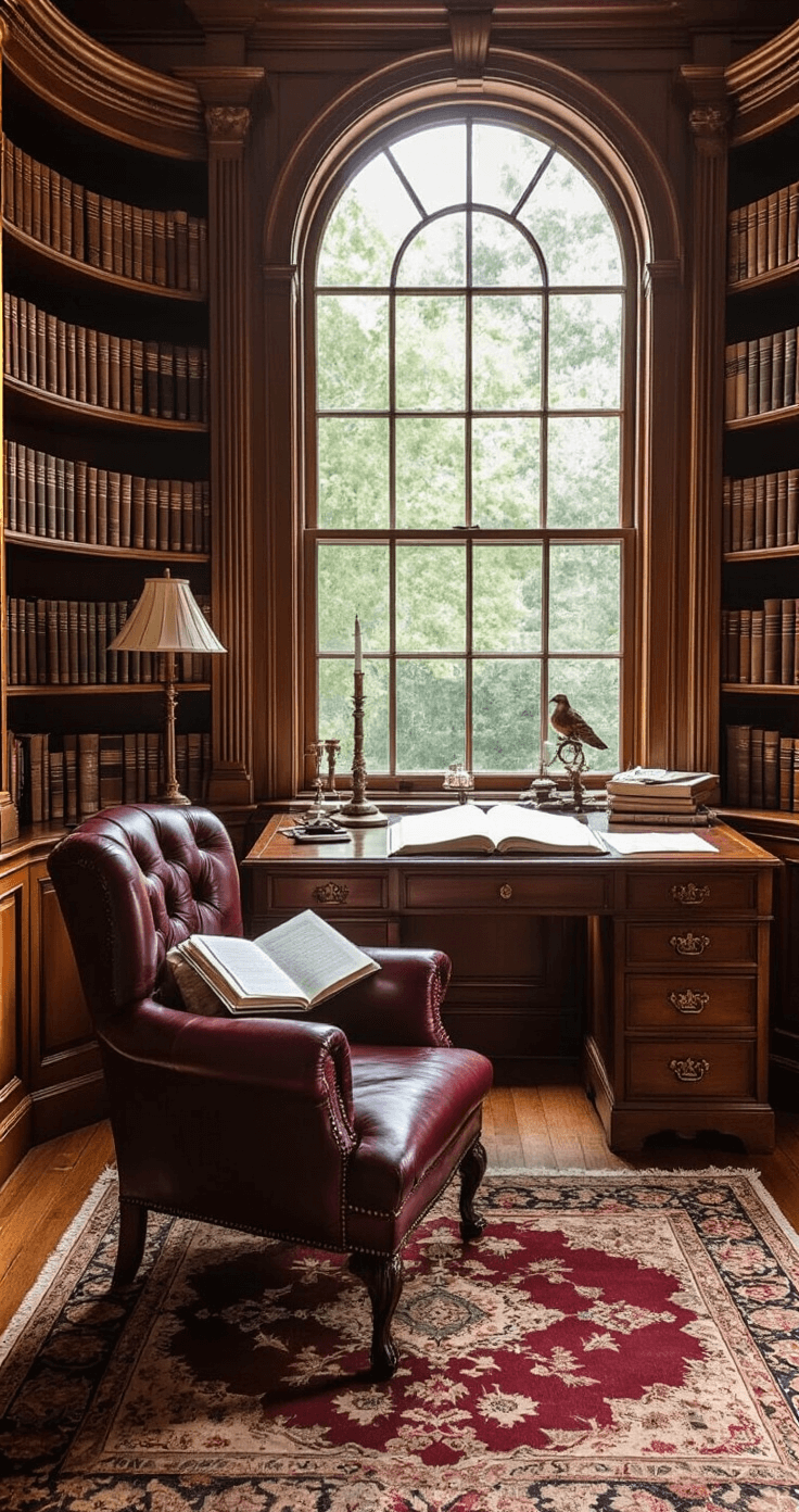 How I Became Ordained Online (And You Can Too - In Under an Hour) Intimate home study featuring mahogany bookshelves filled with theological texts and wedding planning guides, illuminated by soft diffused light from a large bay window; an antique writing desk displays scattered wedding ceremony drafts and a vintage fountain pen, accompanied by a rich burgundy leather armchair and a soft Persian rug with muted burgundy and cream tones, complemented by bronze desk accessories.