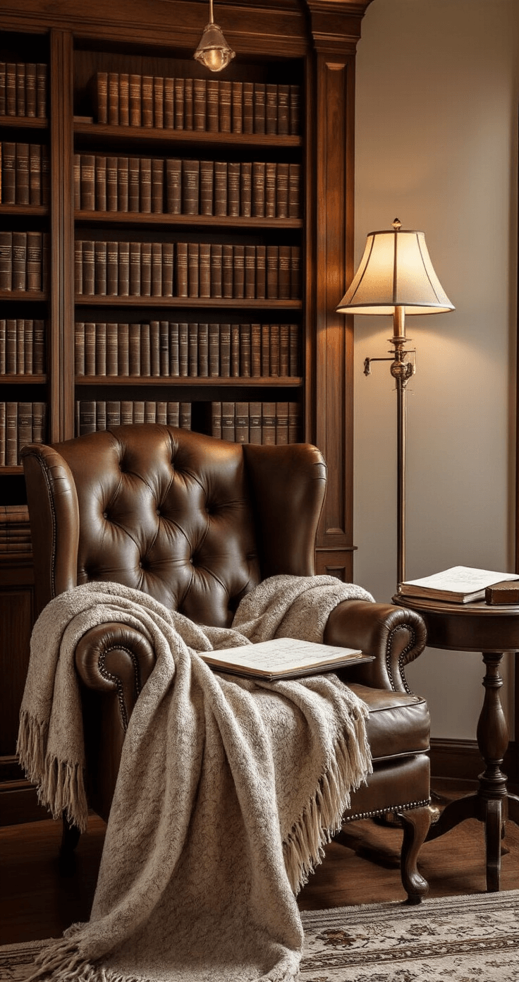 How I Became Ordained Online (And You Can Too - In Under an Hour) Cozy home library corner featuring built-in walnut bookshelves filled with vintage leather-bound books, a tufted wingback chair draped with a soft throw blanket, a brass floor lamp casting warm light, and a side table with handwritten notes and a weathered leather portfolio, all in warm sepia and deep brown tones.