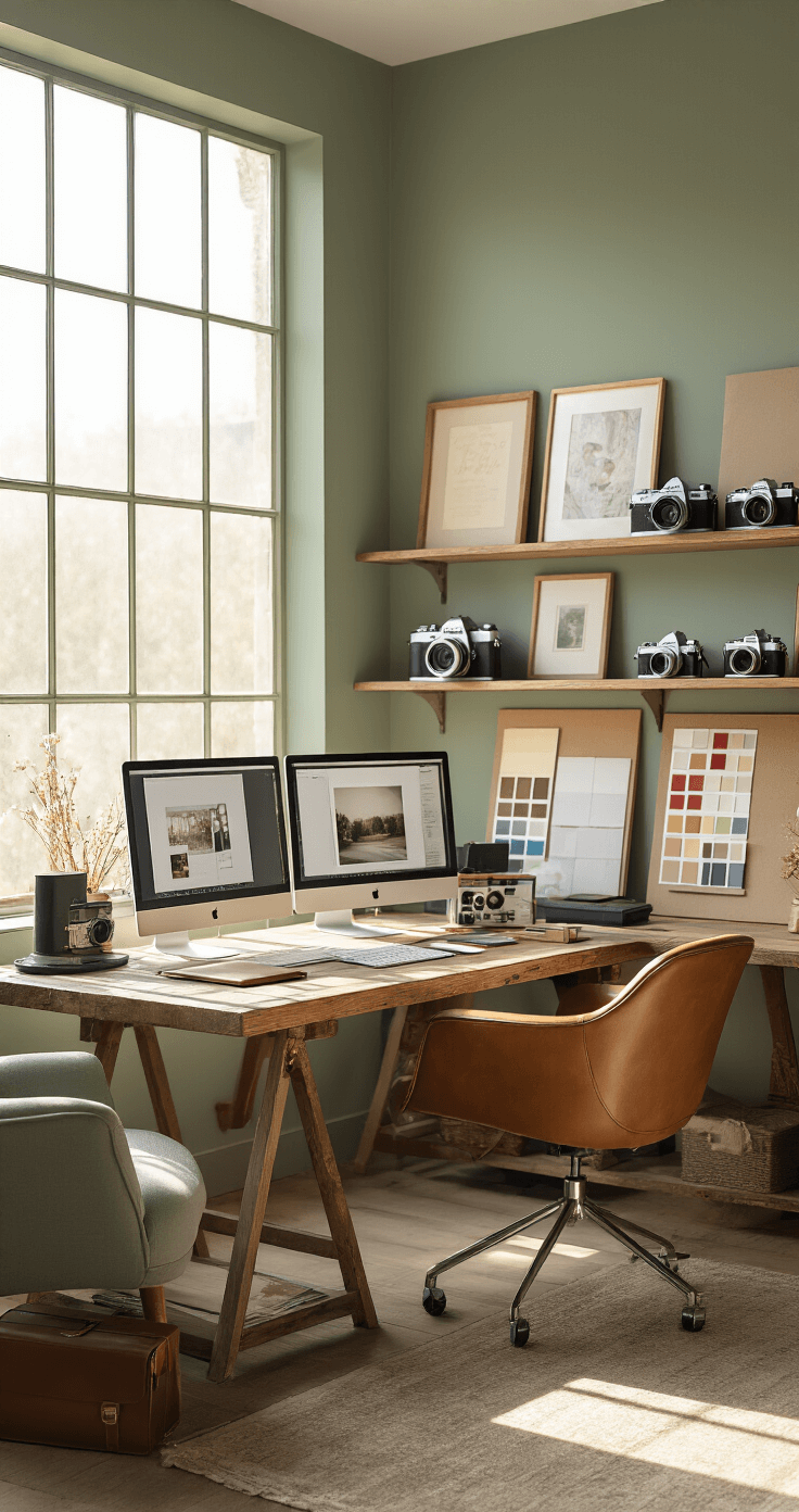 How I Learned to Pick the Perfect Wedding Photographer (Without Losing My Mind) A sunlit wedding photography studio featuring floor-to-ceiling windows, a rustic wooden editing desk with dual monitors, vintage film cameras on shelves, color-coded mood boards, and a mid-century modern chair against muted sage green walls, all illuminated by warm morning light.
