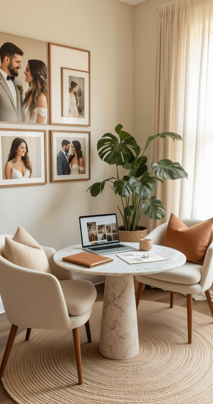 How I Learned to Pick the Perfect Wedding Photographer (Without Losing My Mind) Intimate consultation space featuring a circular marble-top table with mid-century chairs, soft linen pillows, diverse wedding photographs on white walls, a potted monstera plant, and a MacBook Pro showcasing a wedding gallery, all in a warm terracotta and cream color palette with natural light filtering through sheer curtains.