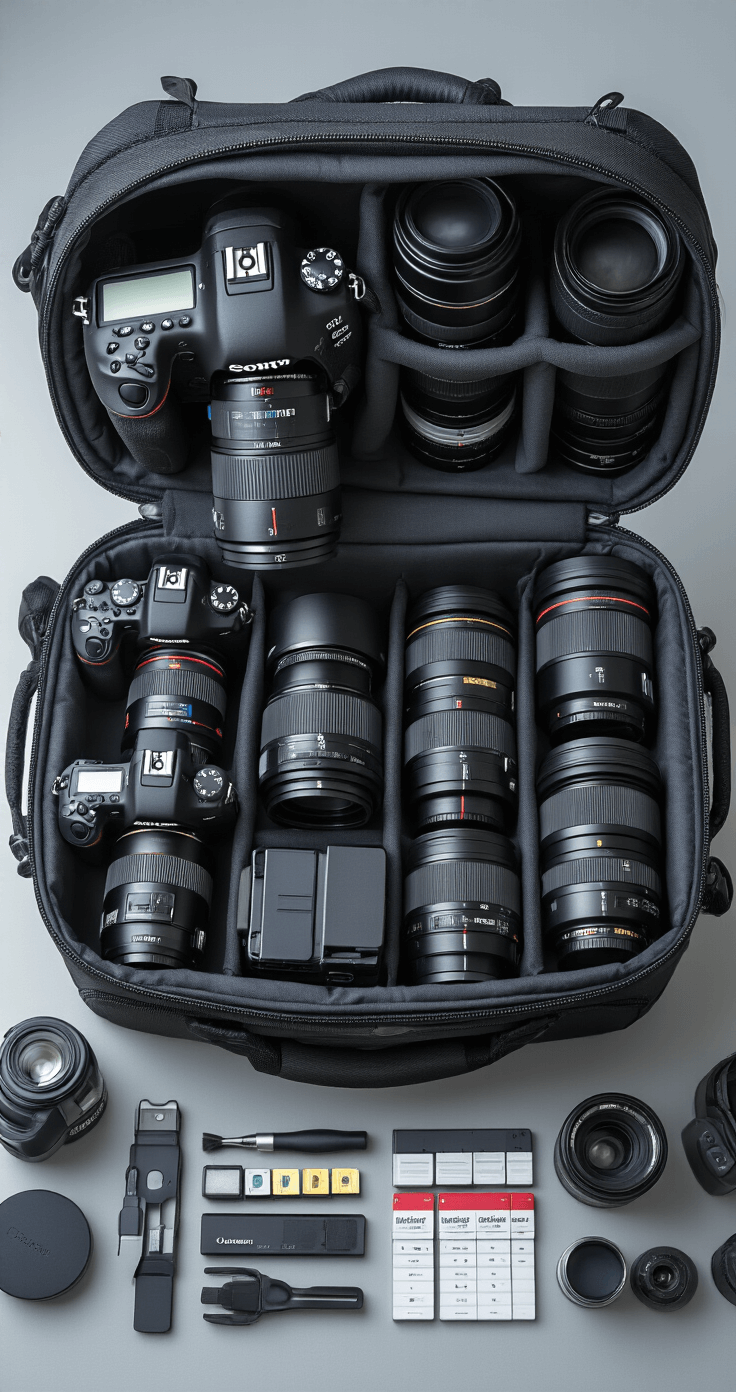 How I Learned to Pick the Perfect Wedding Photographer (Without Losing My Mind) A meticulously organized wedding photographer's equipment scene featuring an open camera bag displaying multiple professional mirrorless cameras, an array of prime and zoom lenses, backup batteries, color-calibrated memory cards, professional lighting gear, and a tripod, all set against a neutral gray canvas background with soft overhead lighting.