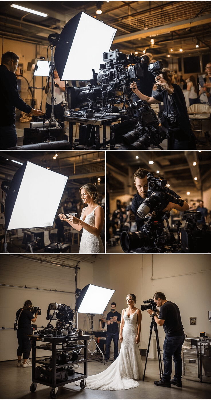 How I Learned to Pick the Perfect Wedding Photographer (Without Losing My Mind) A wedding photographer in all-black attire sets up complex lighting equipment in an industrial chic venue, managing multiple camera bodies on a rolling cart while coordinating with a second shooter amidst challenging overhead lighting.