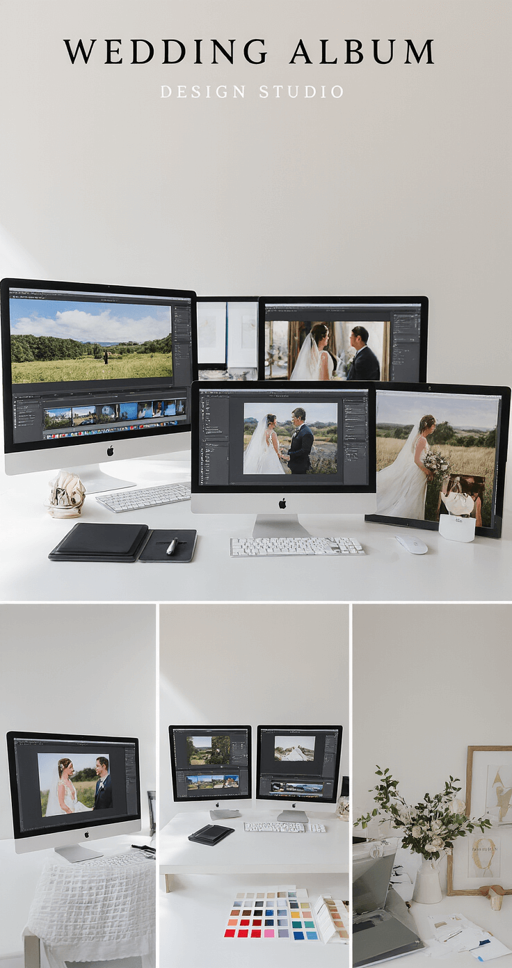 How I Learned to Pick the Perfect Wedding Photographer (Without Losing My Mind) Elegant wedding album design studio featuring a sophisticated post-production workspace with an iMac Pro and multiple high-resolution monitors showcasing wedding photo editing, complemented by a Wacom editing tablet and color grading tools, all within a minimalist white environment.