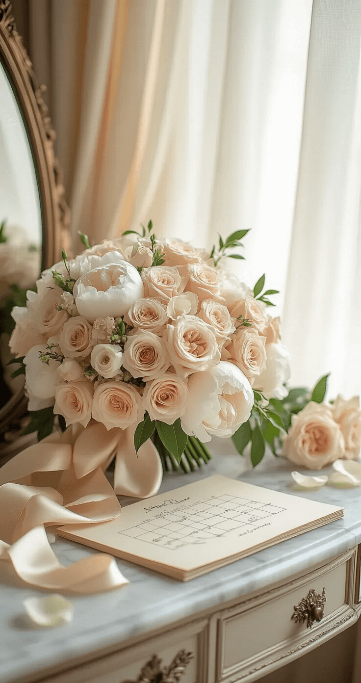 How to Choose the Perfect Wedding Flowers Without Losing Your Mind (Or Your Budget) A luxurious wedding preparation suite featuring soft morning light, an elegant bridal bouquet of blush garden roses and ivory peonies on a marble-top antique vanity, with cascading champagne silk ribbons, scattered flower petals, and a vintage silver wedding day timeline notebook, all captured in soft focus and shallow depth of field.