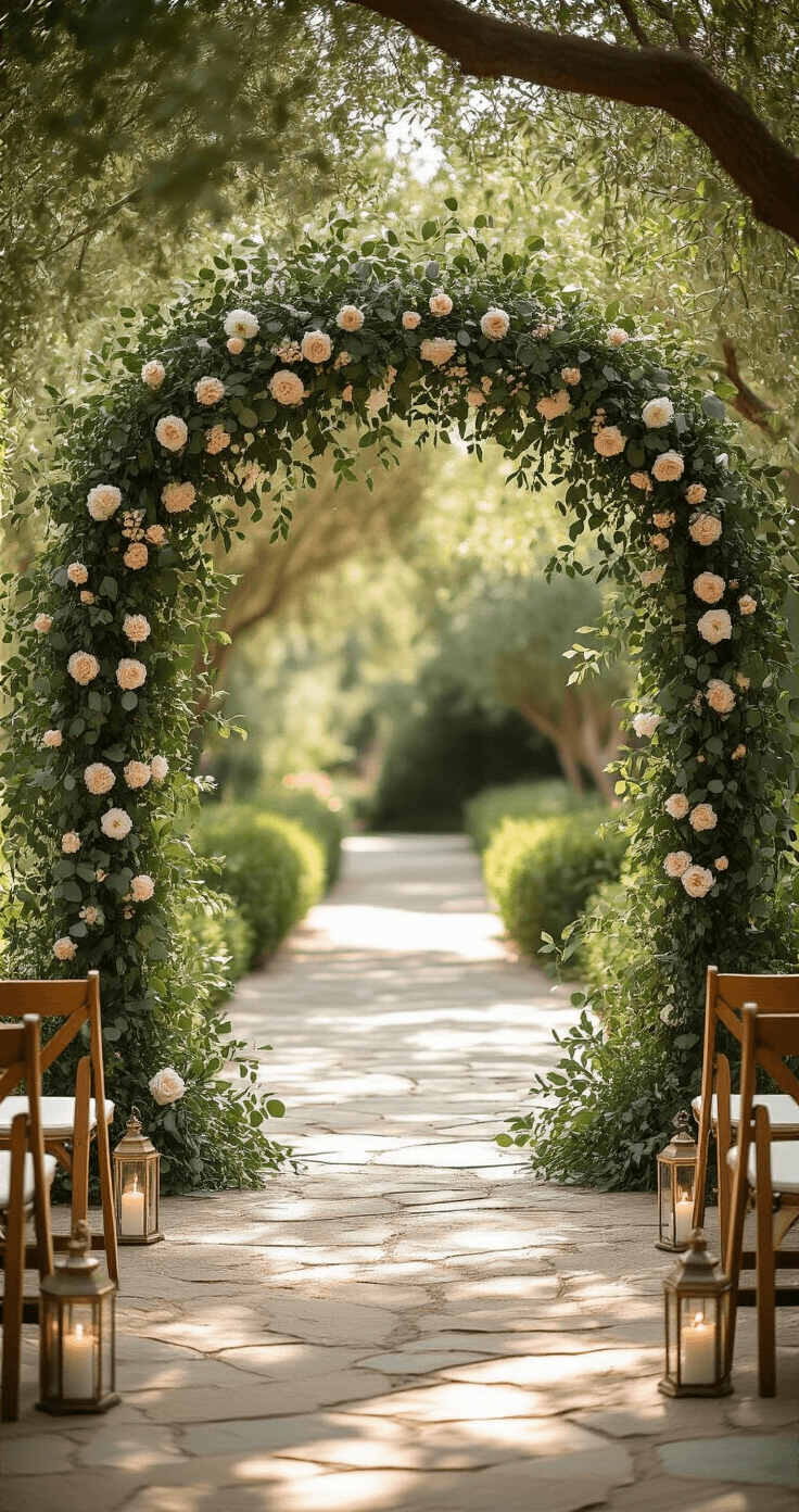 How to Choose the Perfect Wedding Flowers Without Losing Your Mind (Or Your Budget) An intimate outdoor wedding ceremony arch adorned with cascading eucalyptus, olive branches, white ranunculus, and blush garden roses, set in a sunlit garden with natural stone pathways, vintage brass lanterns, and soft linen chairs, captured in a wide-angle shot.