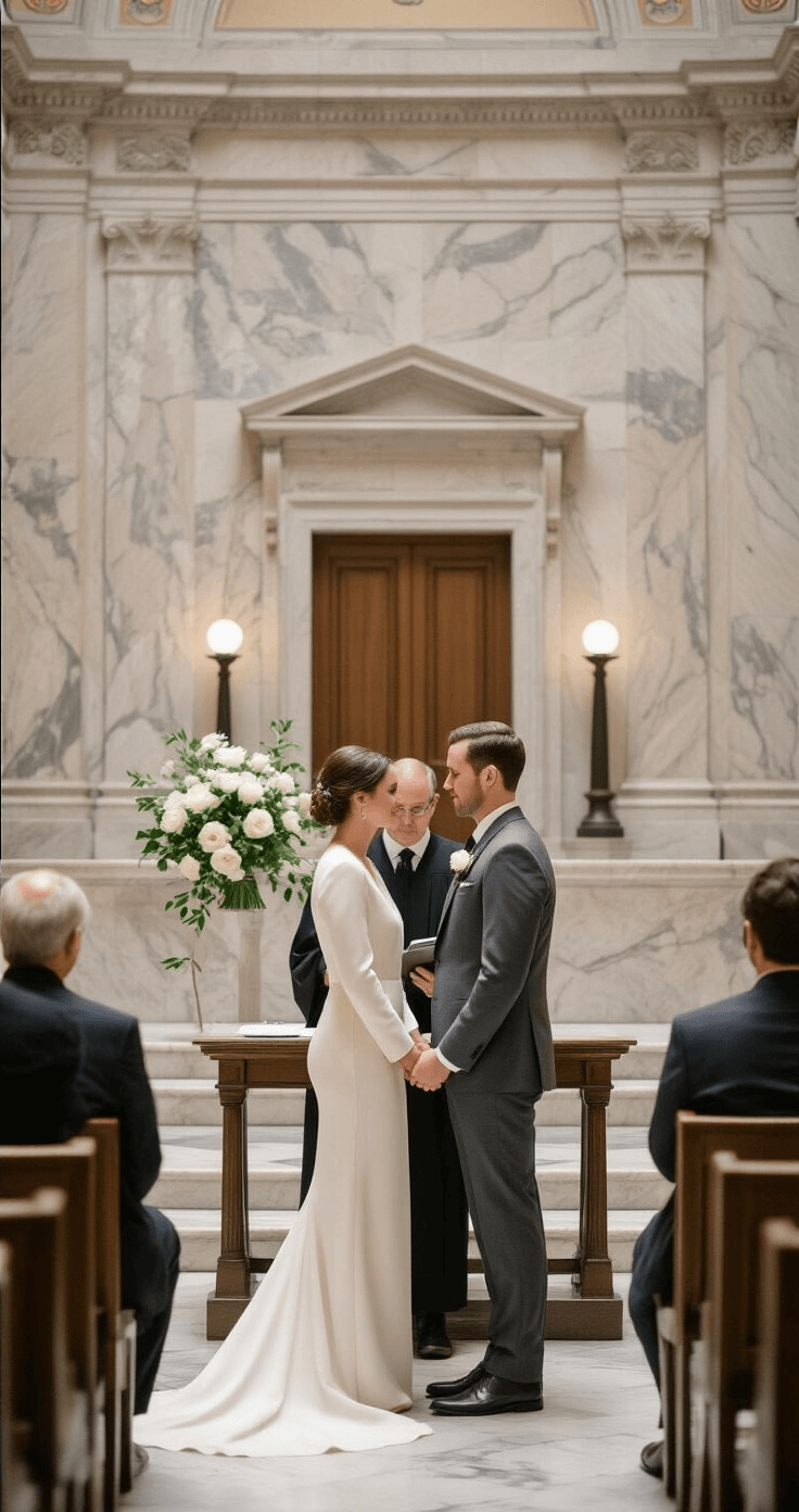 How I Learned to Elope Without Losing My Mind (Or My Marriage License) An intimate courthouse wedding with a couple before a judge, featuring a minimalist interior of historic marble, soft lighting, the bride in an ivory jumpsuit and groom in a charcoal gray suit, complemented by a small white rose arrangement and vintage architectural details.