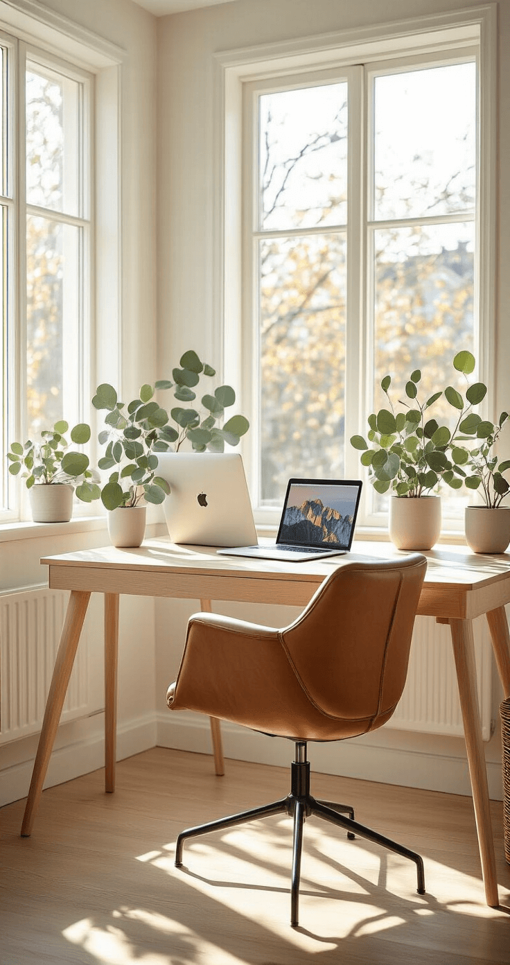 How to Find an Amazon Registry (And Actually Get It Right the First Time) A warm and sunlit Scandinavian-style home office with a light oak desk, large windows, white walls, a potted eucalyptus plant, a sleek white MacBook, and a leather desk chair, all bathed in soft morning light.