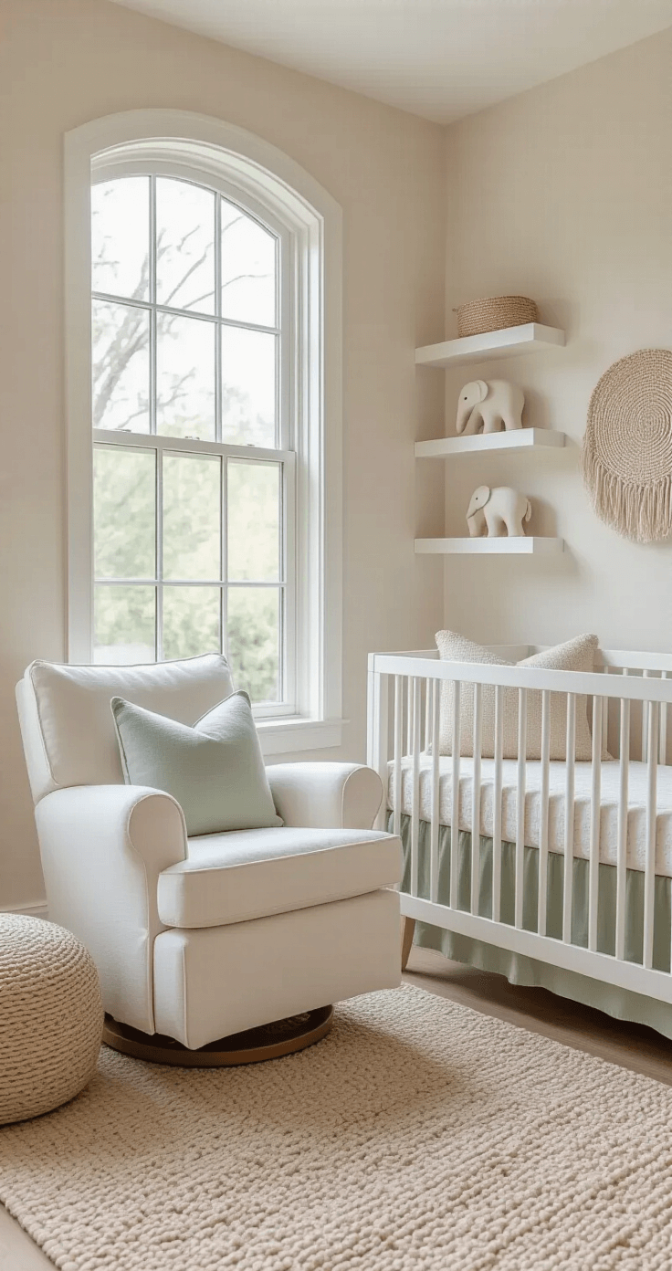 How to Find an Amazon Registry (And Actually Get It Right the First Time) Luxurious nursery featuring a blush and sage green color scheme, oversized white upholstered glider chair by a bay window, minimalist white crib with organic cotton bedding, and ceramic elephant bookends on floating shelves, all bathed in natural diffused daylight.
