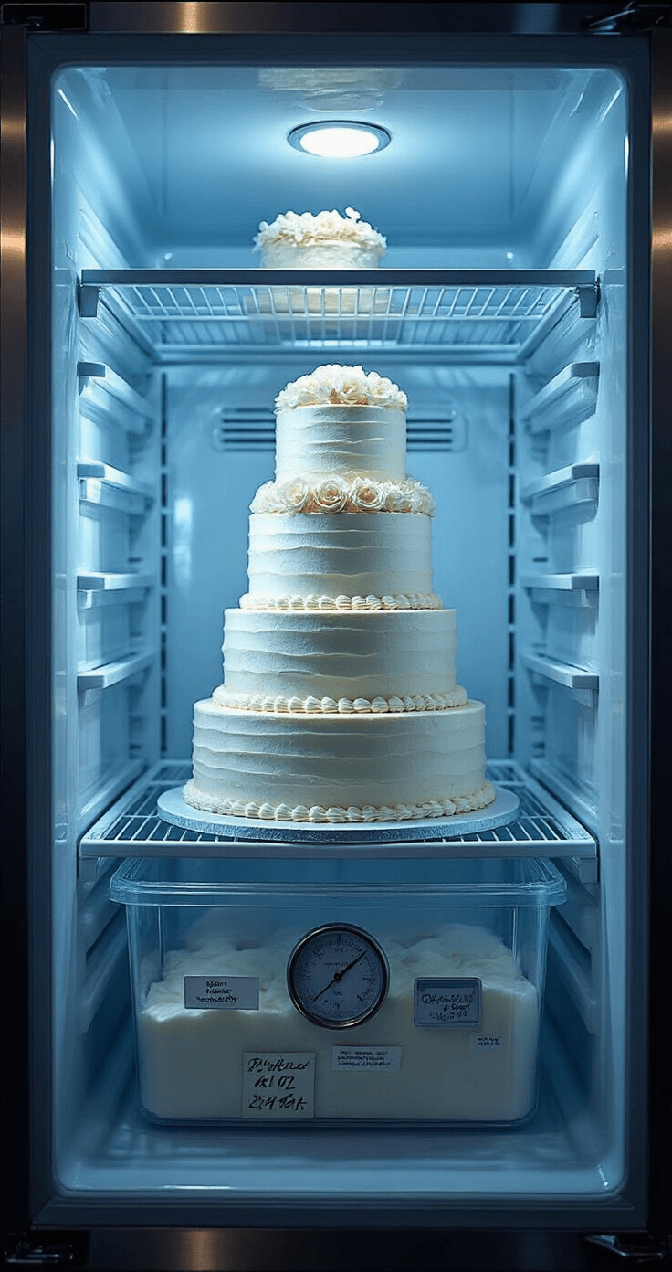 How to Freeze Wedding Cake: The Complete Guide to Preserving Your Sweet Memories Interior of a commercial stainless steel freezer featuring a wedding cake tier in the back corner, a labeled container with a handwritten anniversary date, and multiple visible temperature gauges, all illuminated by cool blue-white lighting in a frost-free environment.