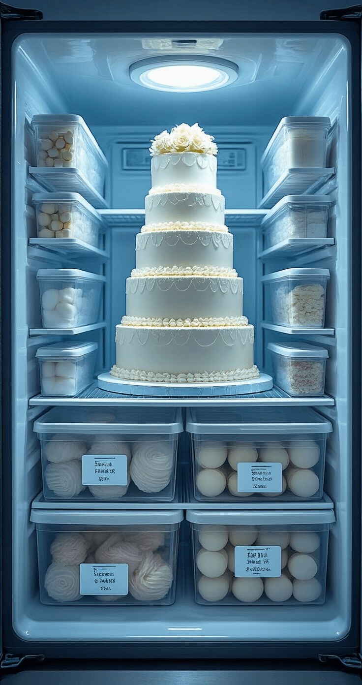 How to Freeze Wedding Cake: The Complete Guide to Preserving Your Sweet Memories Organized home freezer interior showcasing a wedding cake tier meticulously arranged among labeled containers, featuring visible temperature monitoring devices and cool blue-white lighting, captured from an architectural overhead perspective.