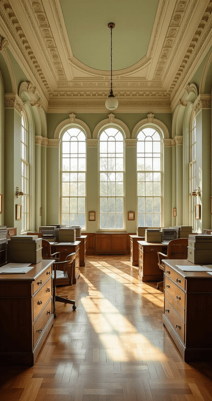 How to Get a Marriage License: My No-Nonsense Guide to Tying the Legal Knot Wide architectural interior of a county clerk's office featuring high ceilings adorned with ornate crown molding, tall arched windows allowing natural light, vintage brass filing cabinets, meticulously organized document stations, a muted sage and cream color palette, hardwood floors with a subtle herringbone pattern, and mid-century modern chairs, all depicted in a cinematic wide-angle perspective that emphasizes institutional elegance.