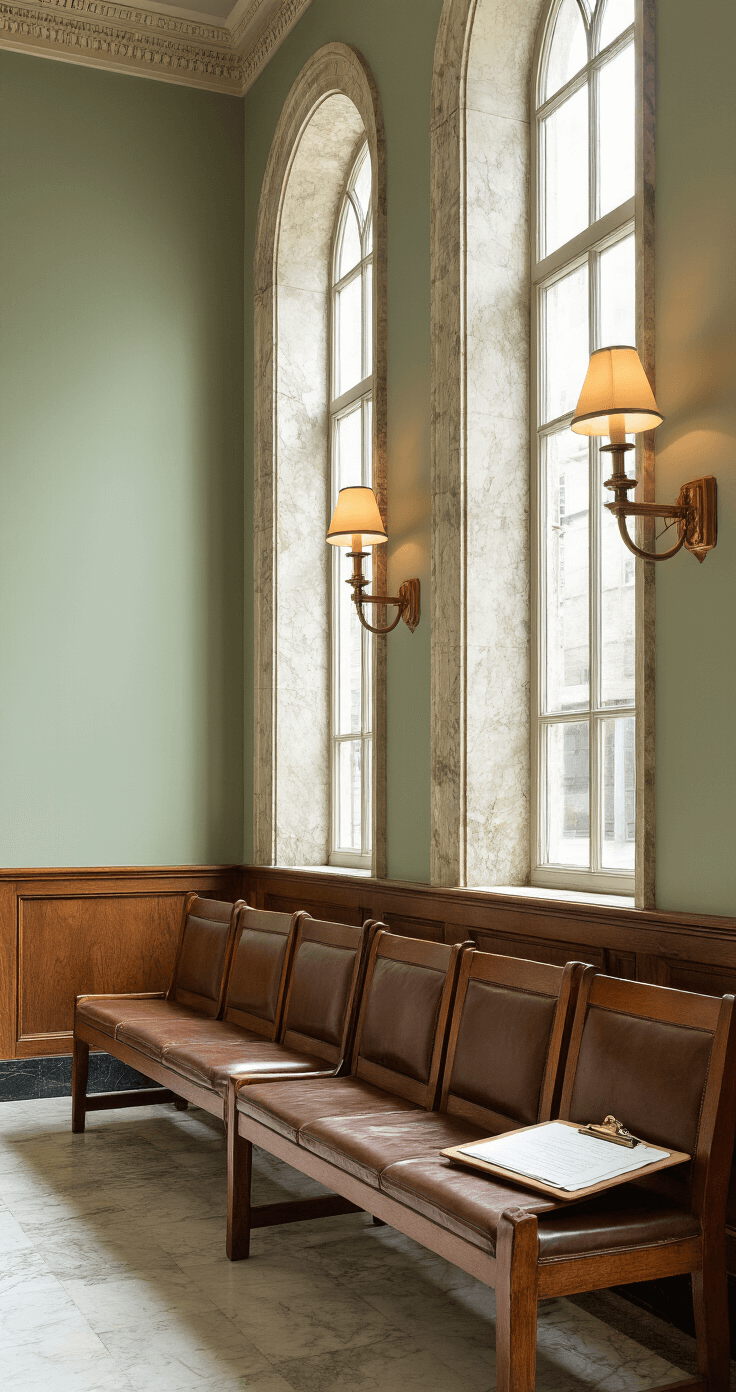 How to Get a Marriage License: My No-Nonsense Guide to Tying the Legal Knot An atmospheric courthouse waiting area featuring vintage wooden benches with worn leather cushions, large architectural windows diffusing soft light, marble floors with subtle veining, antique brass wall sconces, and muted sage green walls, complemented by neatly arranged legal documents on a vintage clipboard in a mid-century modern style.