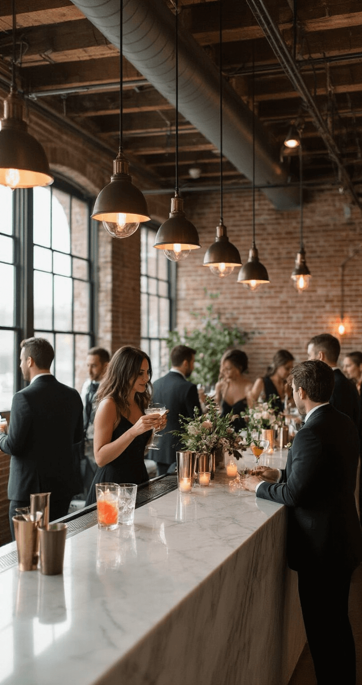 How to Make a Wedding Playlist That'll Keep Everyone Dancing (Without Losing Your Mind) Intimate cocktail hour in a high-ceiling industrial venue featuring minimalist decor, exposed brick, and soft jazz ambiance. Guests in semi-formal attire mingle around a sleek marble bar with custom cocktails, illuminated by low pendant lights, all captured in a wide-angle view with a focus on the atmosphere and interactions.