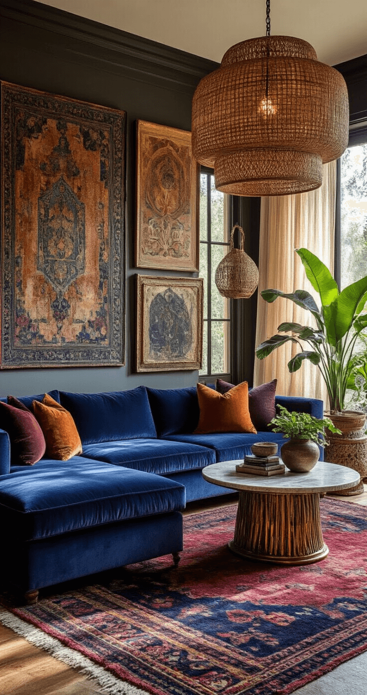 How to Make a Wedding Website That Your Guests Will Actually Use Bohemian luxury living room featuring a jewel-tone velvet sectional sofa, layered Moroccan rugs in indigo and rust, an oversized rattan pendant light, vintage brass side tables, eclectic art on the walls, a large monstera plant, and late afternoon sunlight through sheer curtains, all showcasing rich colors and textures.