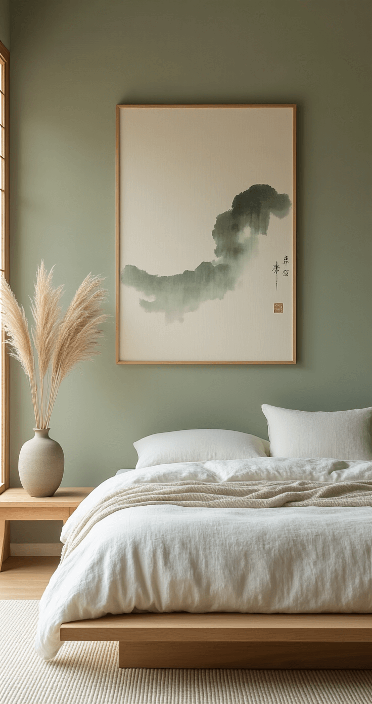 How to Make a Wedding Website That Your Guests Will Actually Use A serene Japandi-style bedroom featuring a low platform bed in warm ash wood, soft sage green walls, and minimalist decor. The scene includes crisp white linen bedding, a large abstract ink wash artwork, and single stems of dried pampas grass in a ceramic vase. Soft morning light filters through a paper screen window, highlighting the subdued color palette of neutrals and muted greens, with an emphasis on clean lines and negative space in a soft focus photography style.