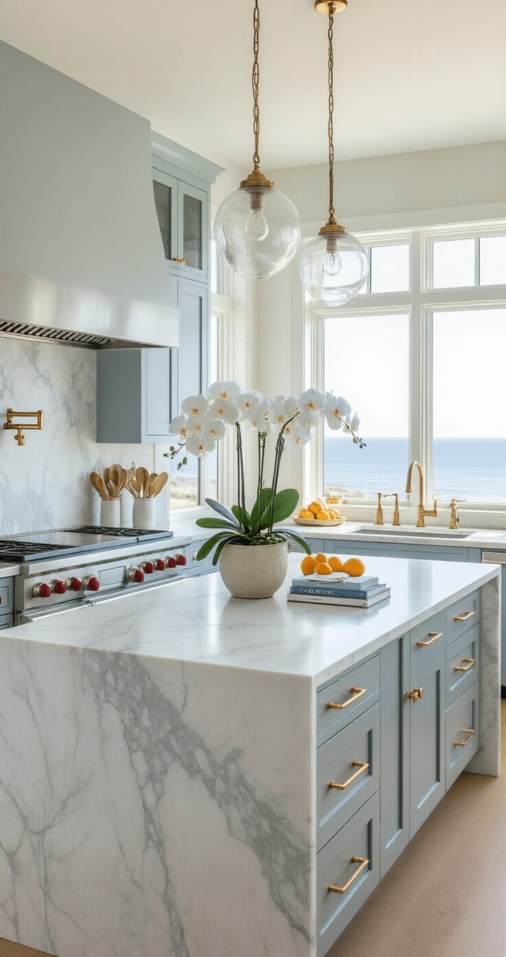 How to Make a Wedding Website That Your Guests Will Actually Use Coastal modern kitchen featuring a marble waterfall island, pale blue-gray cabinetry with brass hardware, and a large ocean-view window. Decorated with a white orchid in a ceramic pot, a professional Wolf range, handblown glass pendant lights, and styled with fresh citrus and a cookbook, all bathed in soft morning light.