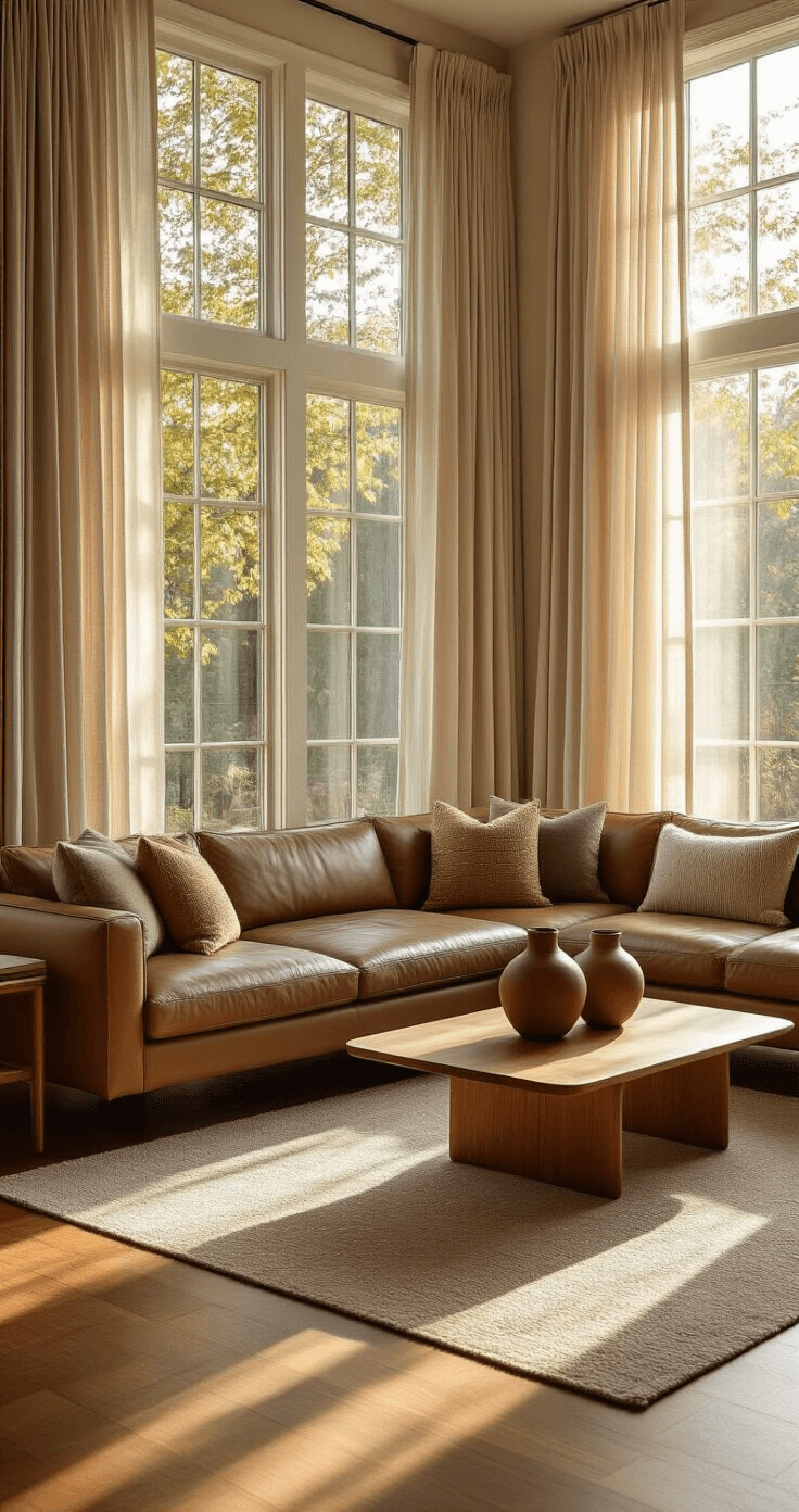 How I Learned to Officiate a Wedding (And You Can Too) A warm, golden-hour living room featuring mid-century modern furniture in taupe and sage green, with floor-to-ceiling windows, a low-profile leather sectional adorned with textured throw pillows, a minimal teak coffee table holding sculptural ceramic vases, and soft linen curtains billowing gently, all bathed in sunlight that casts long shadows across polished hardwood floors.