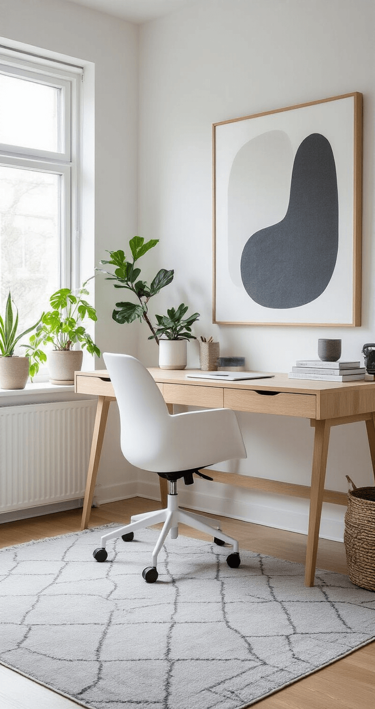 How I Learned to Officiate a Wedding (And You Can Too) A minimalist Scandinavian home office featuring white walls, an oak desk, an ergonomic chair, abstract monochromatic artwork, indoor plants, a large north-facing window, open shelving with curated items, and a geometric gray area rug.
