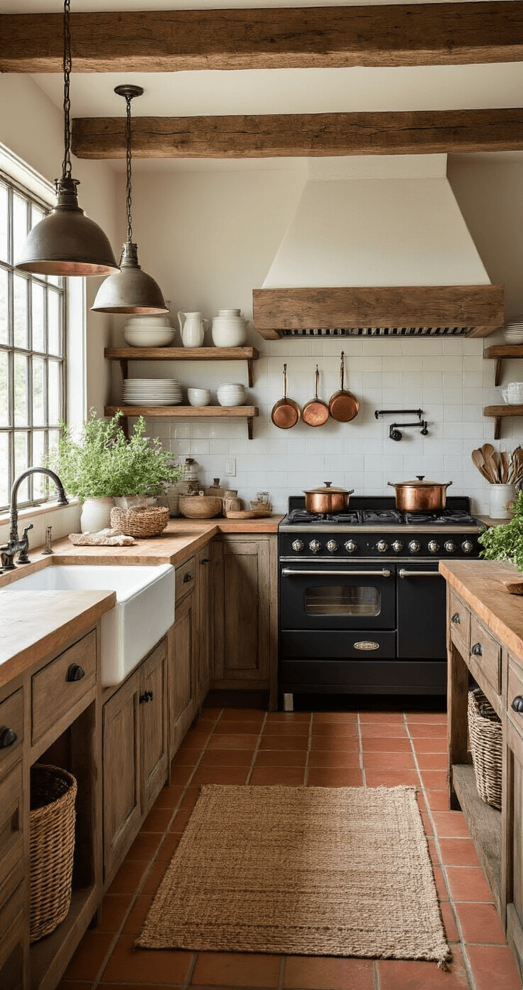 How I Learned to Officiate a Wedding (And You Can Too) A rustic farmhouse kitchen featuring exposed wooden beams, a white ceramic farmhouse sink, a matte black vintage gas range, open shelving with copper cookware and white dishes, an oversized butcher block island, vintage pendant lights, large windows, terracotta floor tiles, a woven basket, and fresh herbs.