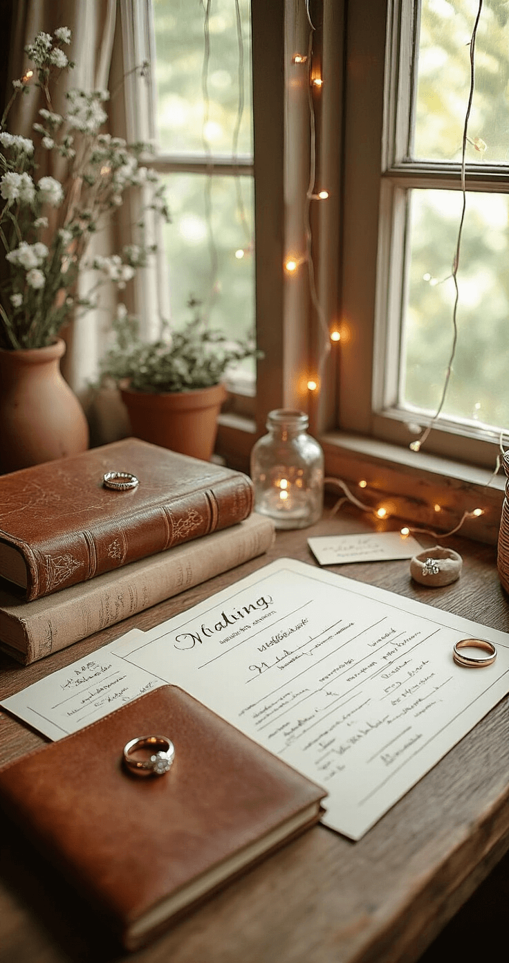 How to Pick a Wedding Date Without Losing Your Mind (Or Your Savings) Cozy wedding planning nook featuring a rustic wooden desk, vintage leather-bound journal, scattered vendor sheets, soft fairy lights, and an engagement ring, all styled with a warm terracotta and sage color palette in soft natural light.