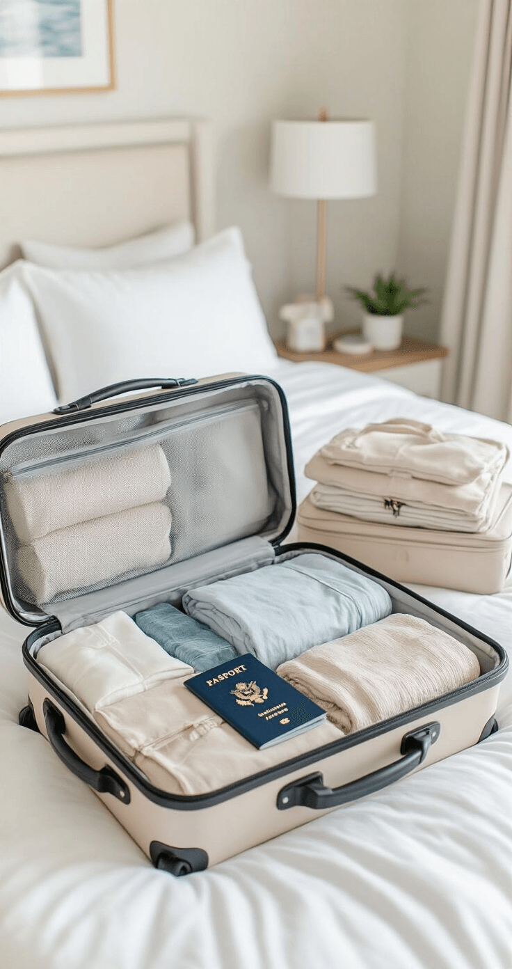 How I Learned to Plan the Perfect Honeymoon Without Losing My Mind (Or My Savings) An organized honeymoon packing scene featuring an open suitcase on a clean white bedspread, filled with neatly rolled clothing in neutral tones, packing cubes, passport, travel documents, and lightweight accessories, all arranged with precision in a minimalist bedroom with soft natural light and a subtle coastal color palette.