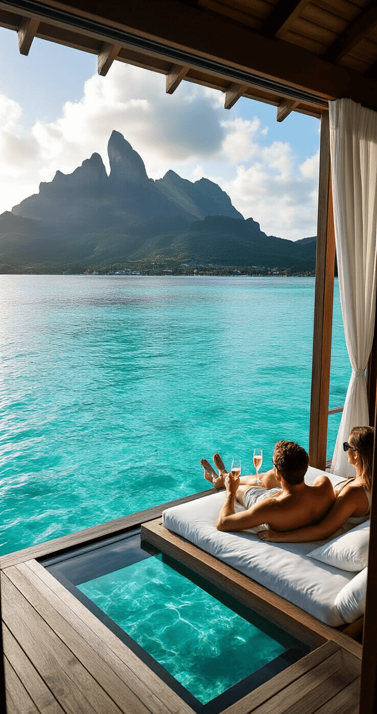 How I Learned to Plan the Perfect Honeymoon Without Losing My Mind (Or My Savings) Intimate couples' moment in a luxury overwater bungalow in Bora Bora, with a glass floor revealing turquoise waters, modern Polynesian-inspired decor, and a couple relaxing on a daybed with champagne glasses nearby, afternoon sunlight casting dramatic shadows amidst stunning mountain and ocean views.