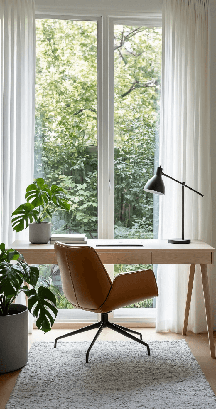 A bright, minimalist home office featuring a white oak desk near large windows with views of a green urban garden, adorned with a Scandinavian leather chair, a matte black desk lamp, a monstera plant in a concrete planter, and a soft gray rug, all bathed in soft natural light from sheer white curtains.