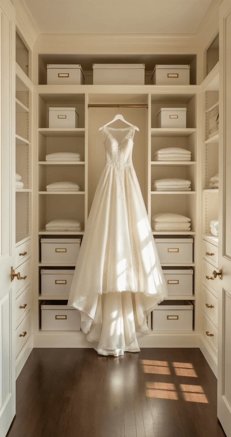 A spacious master bedroom closet in golden hour light, featuring a pristine ivory wedding dress hanging in a breathable garment bag, surrounded by organized white oak shelving and neatly labeled storage boxes, with a soft focus on the dress and blurred background.