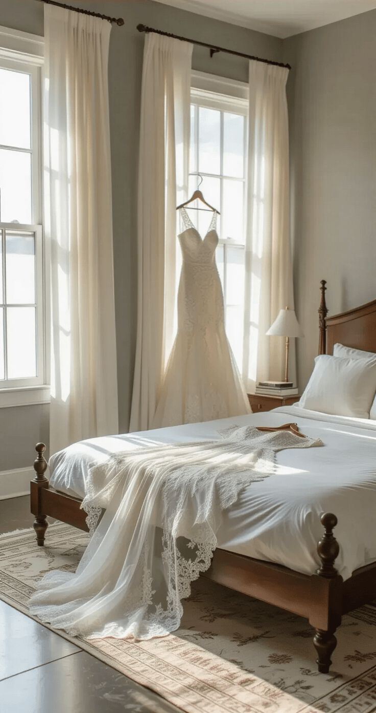 Low angle interior shot of an elegant guest bedroom with natural light streaming through sheer curtains, featuring a vintage lace A-line wedding dress laid flat on crisp white sheets beneath a mahogany bed, showcasing mid-century modern furnishings and a serene atmosphere.