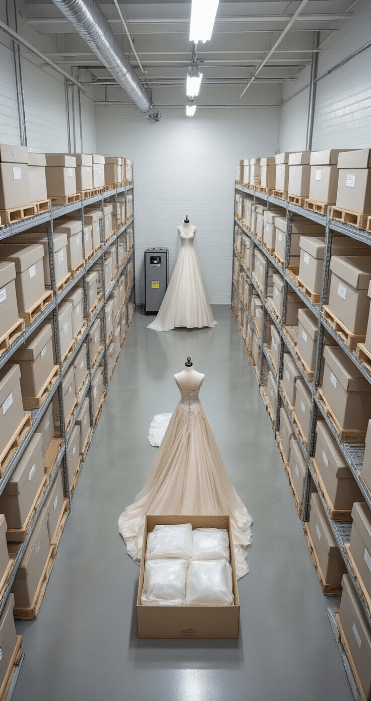 Aerial view of an organized climate-controlled storage room for wedding dresses, featuring polished gray epoxy floors, white brick walls, steel shelving with labeled acid-free boxes, and an open archival box showcasing a champagne mermaid gown with crystal beading, surrounded by tissue paper.