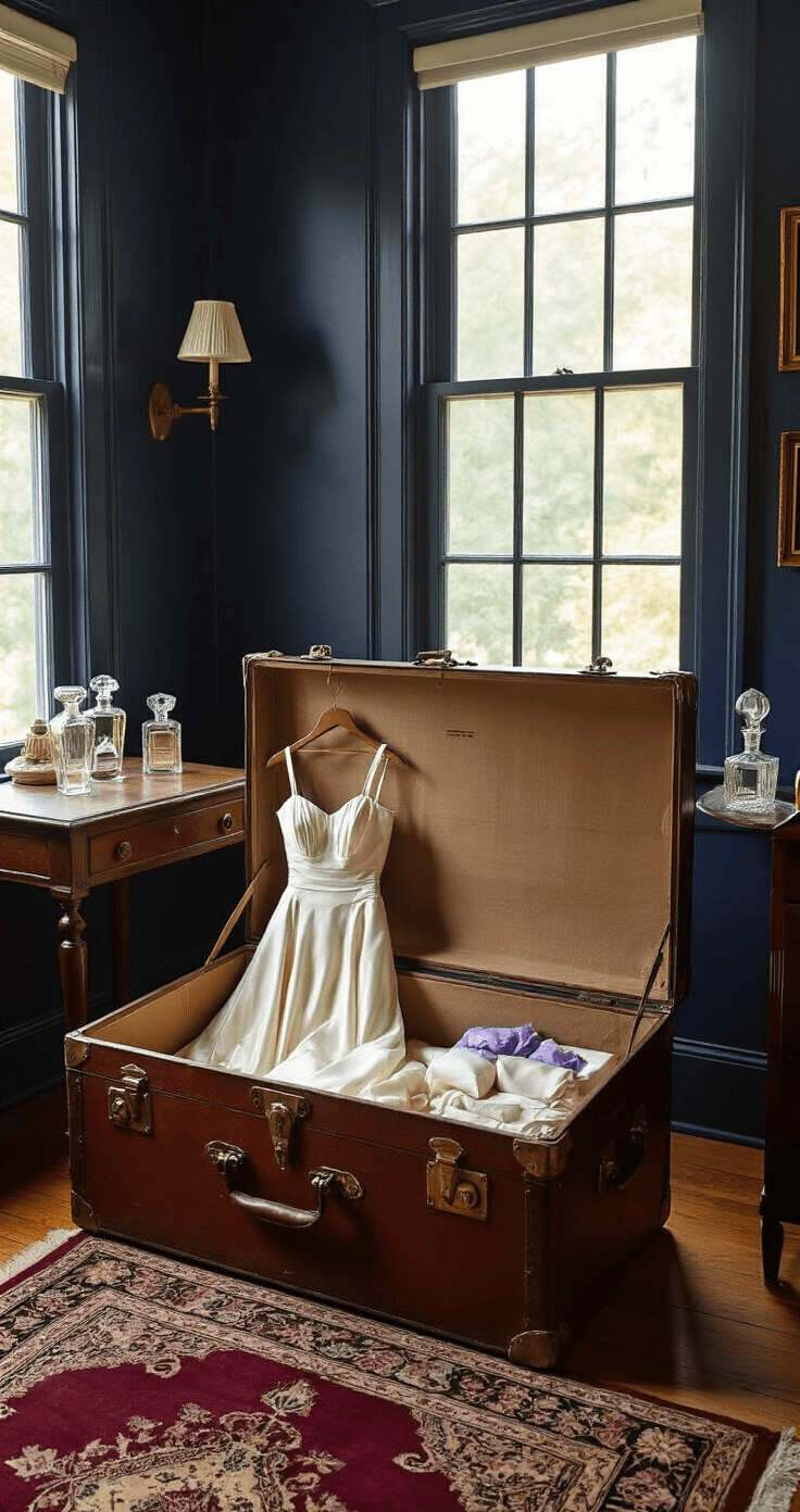 An intimate corner of a master bedroom showcasing a vintage steamer trunk with a 1950s wedding dress, illuminated by dramatic afternoon light, against deep navy walls and honey oak floors, featuring brass fixtures and a Persian rug.