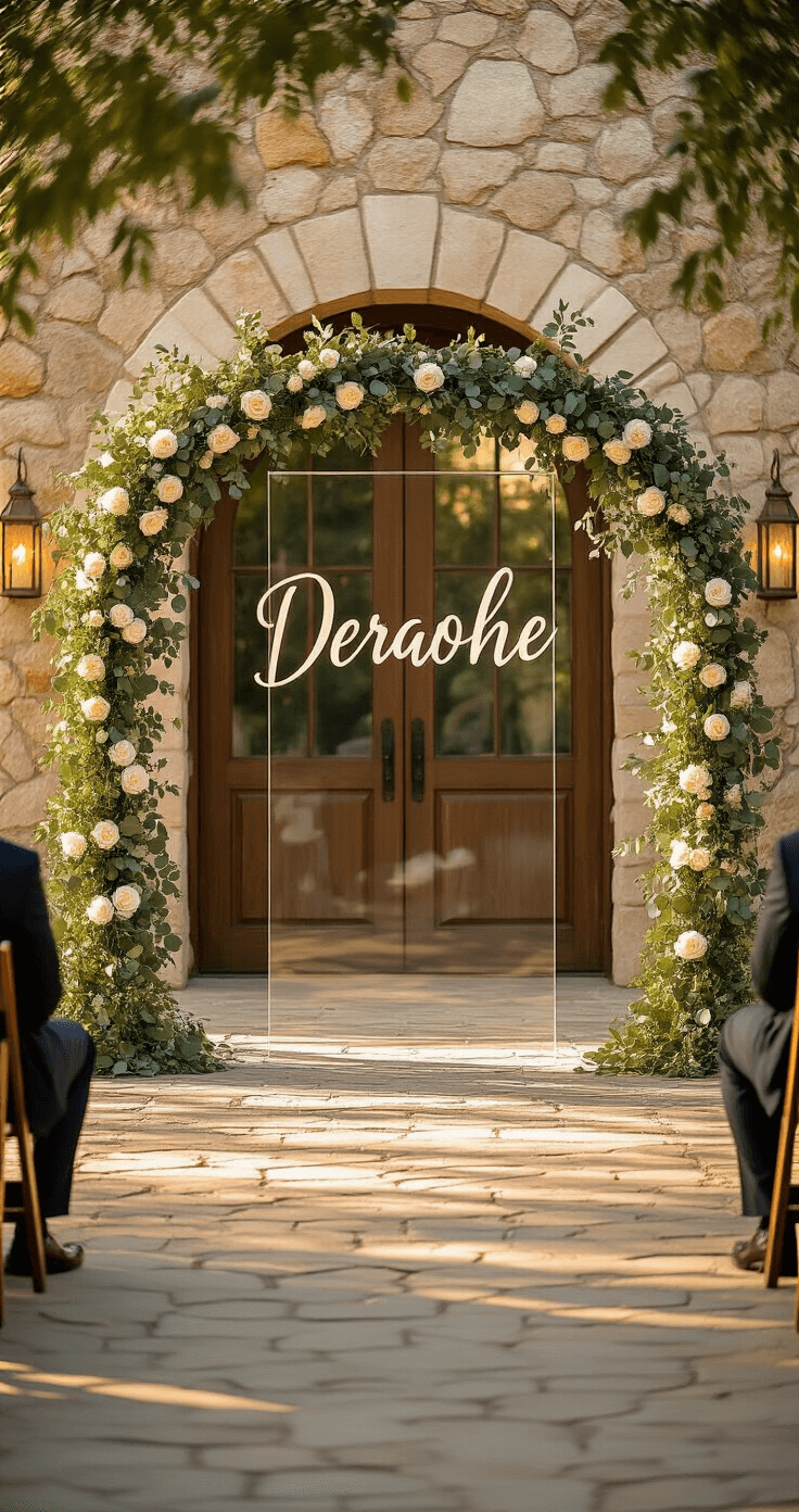 How to Transform Your Wedding into Social Media Magic with the Perfect Wedding Hashtag Strategy Cinematic shot of a modern wedding ceremony entrance with oversized acrylic hashtag signage framed by eucalyptus garland and white roses, set against a natural stone archway during golden hour, featuring warm backlighting and a softly blurred background.