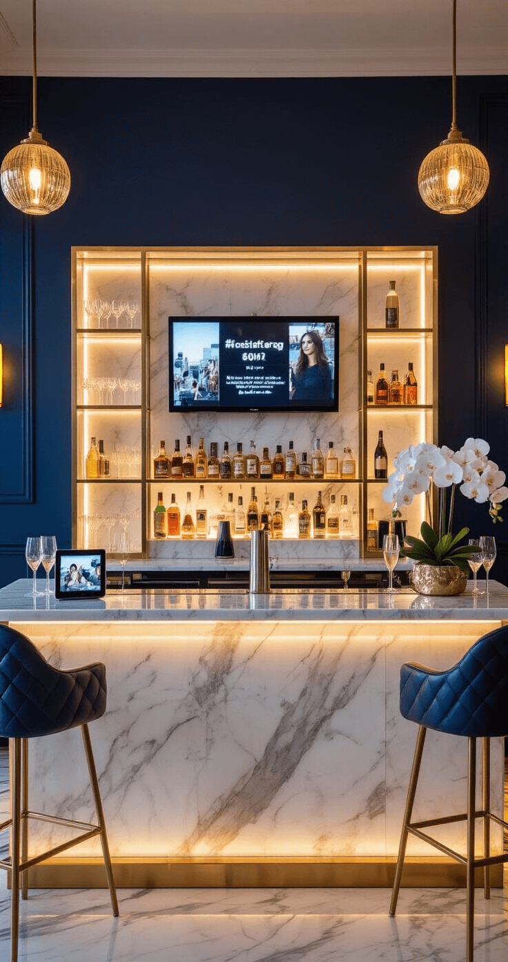 How to Transform Your Wedding into Social Media Magic with the Perfect Wedding Hashtag Strategy Luxurious cocktail hour scene featuring a modern white Carrara marble bar with brass accents, illuminated warm amber pendant lights, champagne flutes reflecting light, guest interactions, and digital displays showing live hashtag feeds in a deep navy blue setting with quilted leather stools and fresh white orchids.