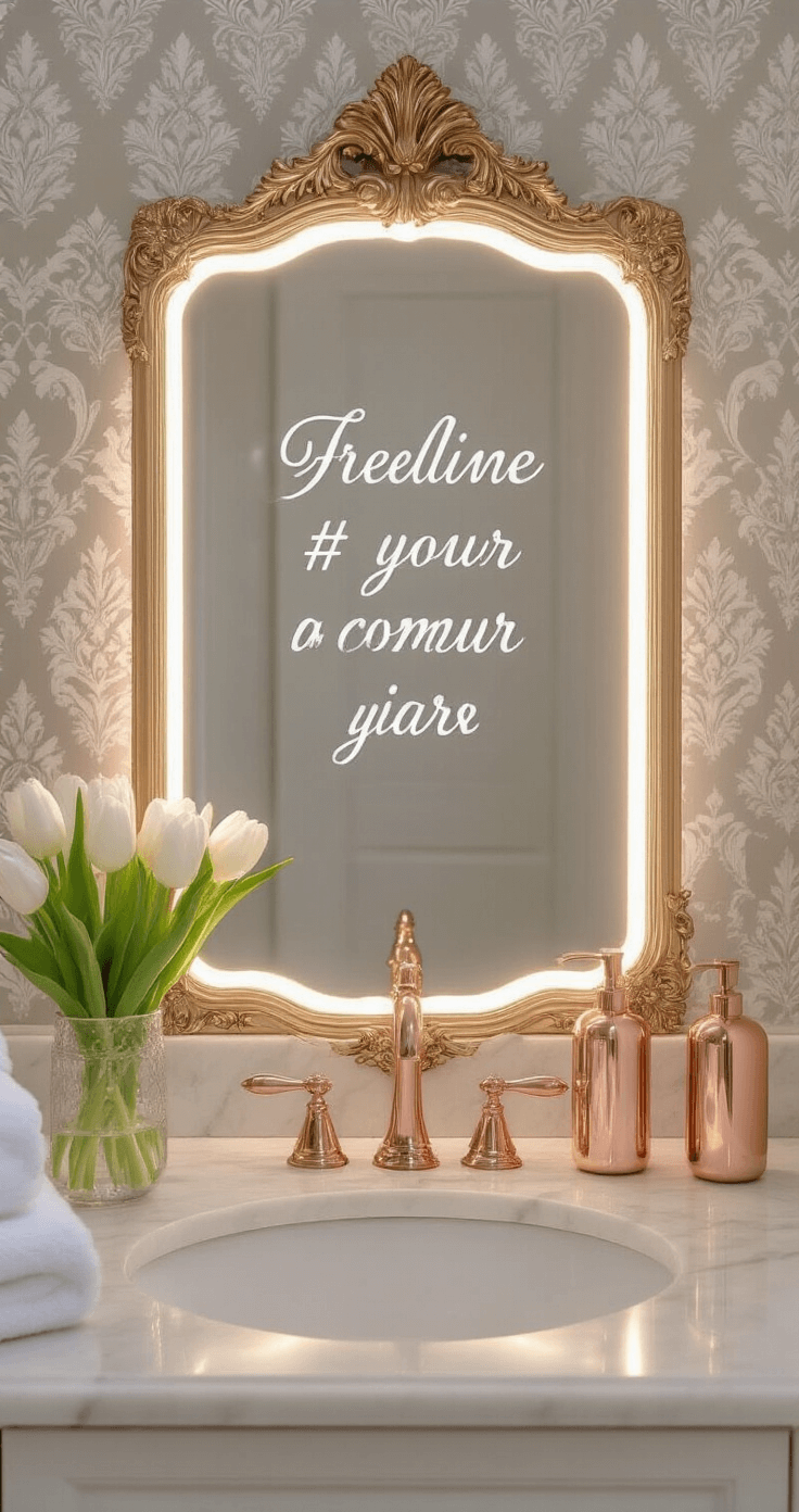 How to Transform Your Wedding into Social Media Magic with the Perfect Wedding Hashtag Strategy Intimate bathroom mirror scene featuring a gold-framed vanity mirror with elegant script hashtag lettering, surrounded by soft LED lighting. The marble countertop displays luxury rose gold amenities, while pearl gray damask wallpaper adds sophistication. Fresh white tulips in a crystal vase enhance the elegant atmosphere, complemented by brushed metal fixtures and polished surfaces.