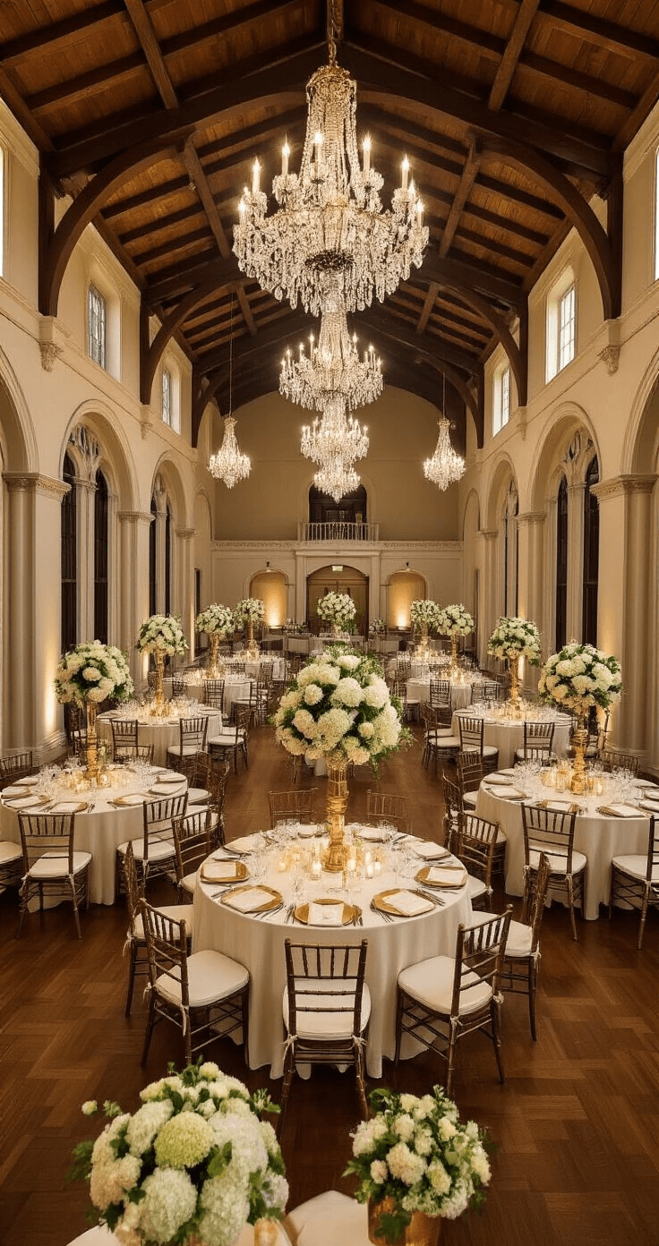 How to Transform Your Wedding into Social Media Magic with the Perfect Wedding Hashtag Strategy A grand reception hall featuring soaring cathedral ceilings with wooden beams and crystal chandeliers, showcasing round tables dressed in ivory linens with gold tent cards for wedding hashtags. The scene is illuminated by warm candlelight and overhead lighting, with cascading white hydrangeas and greenery centerpieces in gold compote vessels, set against a backdrop of polished hardwood floors and damask chair coverings, all in a warm ivory, antique gold, and deep forest green color scheme.