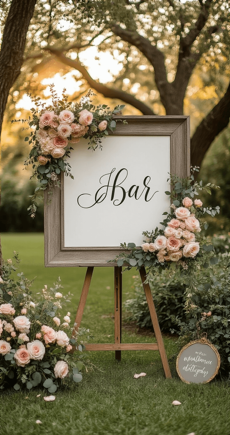 How to Transform Your Wedding into Social Media Magic with the Perfect Wedding Hashtag Strategy A beautifully arranged photo booth in a garden party setting, featuring a wooden frame with a custom calligraphy hashtag surrounded by fresh flowers, illuminated by professional ring lighting during golden hour, with soft blush pink roses and sage eucalyptus, set against a manicured lawn and romantic garden landscape.