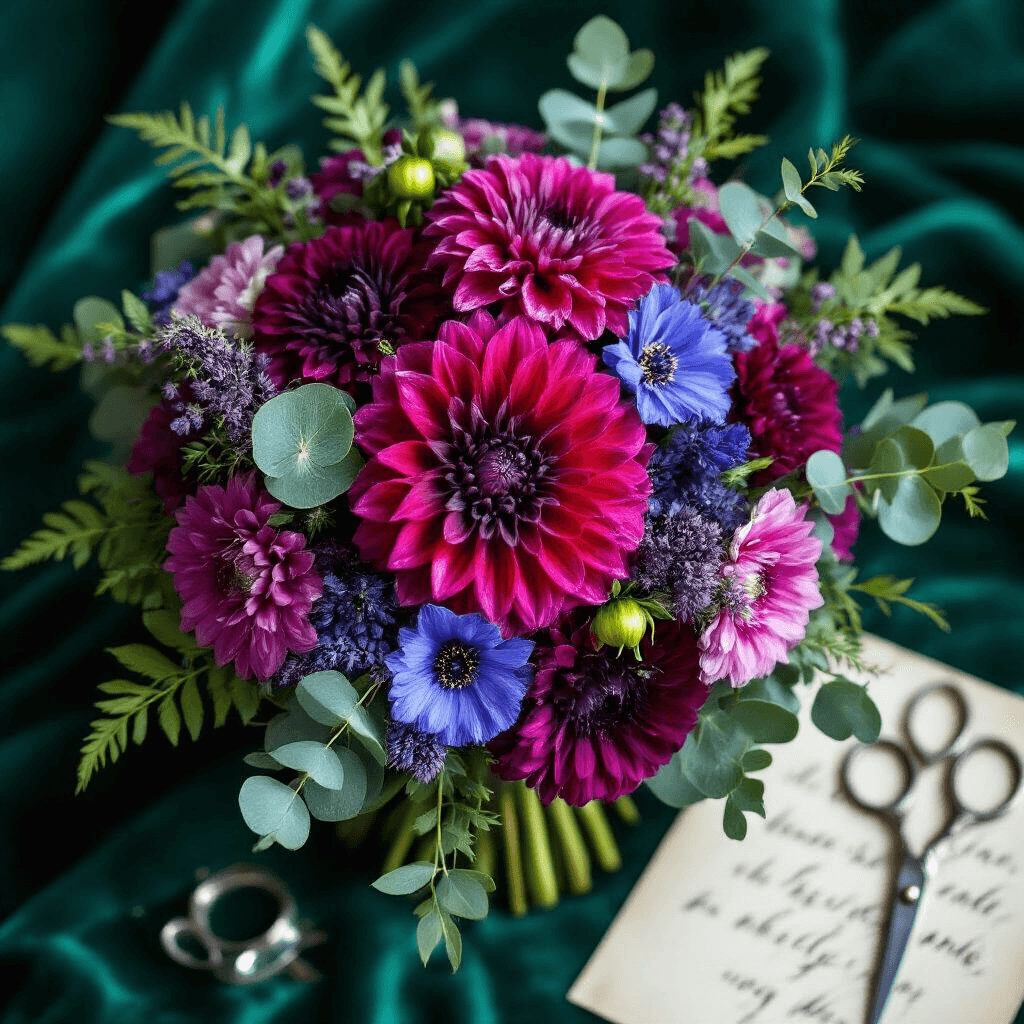 Winter Bouquets That'll Make You Forget It's Freezing Outside Close-up of a jewel-toned winter bouquet featuring fuchsia dahlias, deep purple cosmos, emerald green eucalyptus, and sapphire blue delphinium on an emerald green velvet backdrop, with water droplets on petals. Vintage silver scissors and a handwritten calligraphy note are blurred in the background, while overhead lighting highlights intricate petal details and rich color variations.
