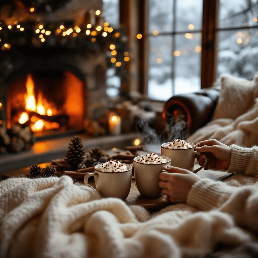 Winter Date Ideas That'll Make You Fall in Love All Over Again A warm and intimate indoor winter date scene featuring a crackling fireplace, a cream-colored wool blanket draped over a leather sofa, and steaming mugs of hot chocolate. Ambient string lights and rustic decor enhance the cozy atmosphere, with two sets of hands intertwined in the foreground and gentle snowfall visible through large windows. winter date
